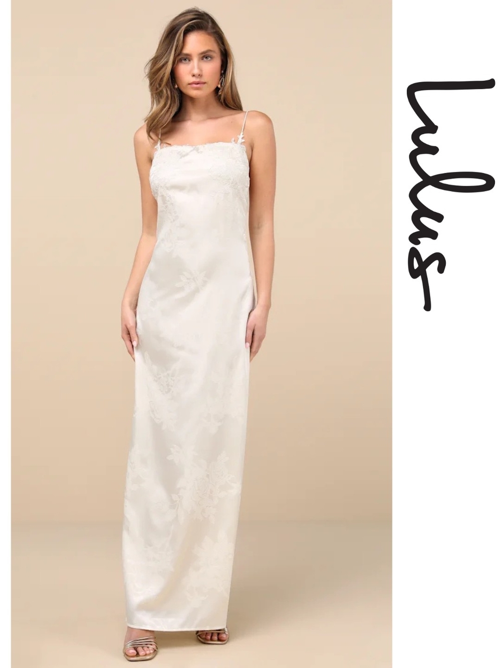 Lulu's - Whimsical Radiance Cream Satin Embroidered Maxi Dress - Large